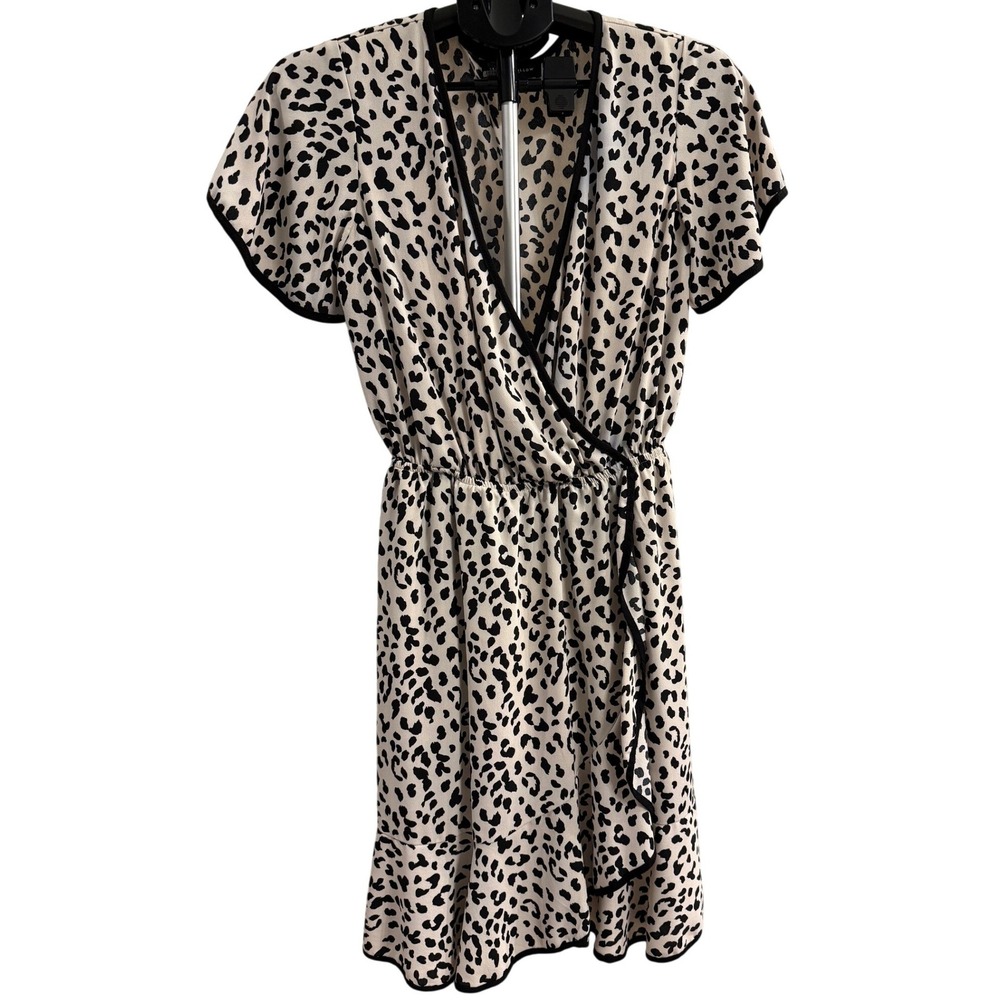 Slate & Willow Leopard Print Faux Wrap Dress Tan Black Short Sleeve Medium